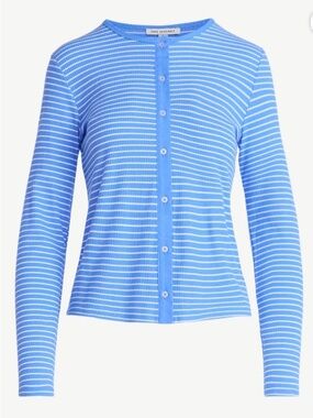 Free Assembly Women's Striped Fitted Cardigan Sweater Blue White Ribbed NWT Med